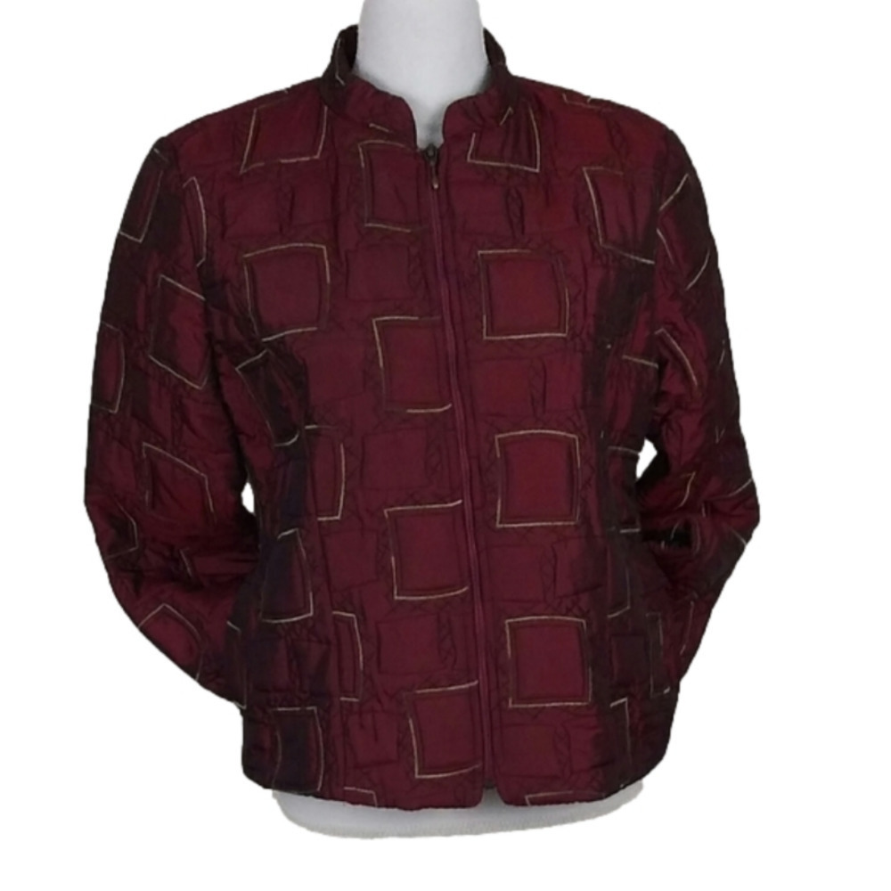 Soft Works Burgundy Geometric Pattern Stand Up Collar Zip Up Quilted Jacket